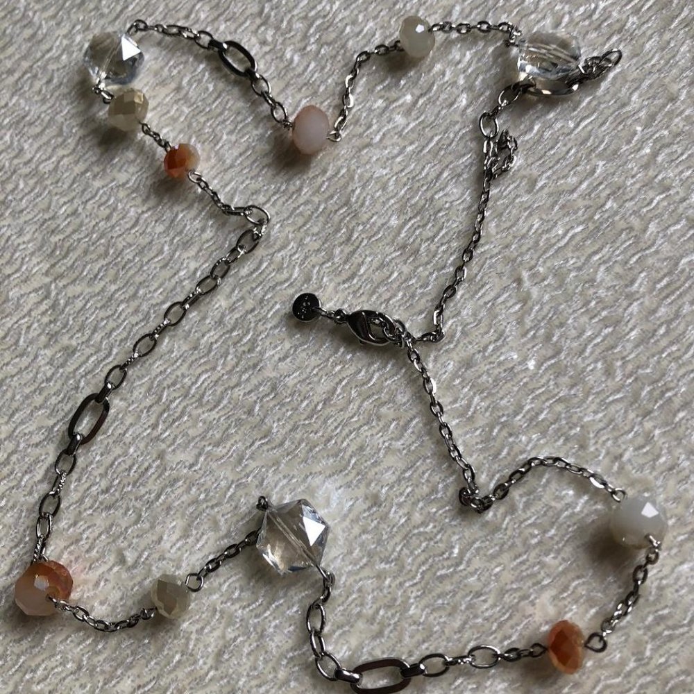 LOFT, Women's chain silver look 16"necklace w/faux crystals, white, clear & rust